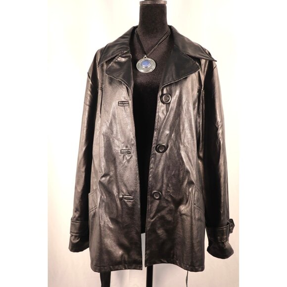 Vintage 90s Y 20K Jennyfer J Faux‎ Black Leather Trench Coat Women's Size 2X - Picture 1 of 16